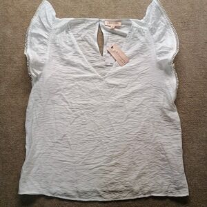 Philosophy Flutter Short Sleeve Top Blouse White VNeck Size L Business Work Boho